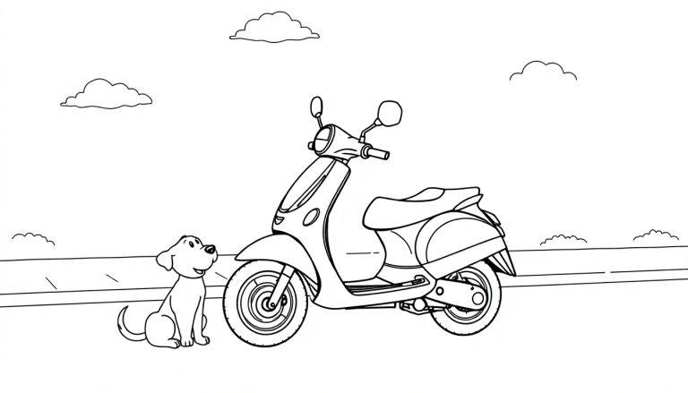 Schwarz-Weiß-Farbtafel eines fröhlichen Hundes, der neben einem Motorroller steht, mit Wolken im Hintergrund.