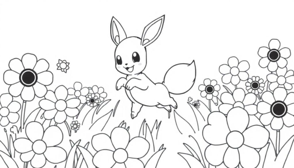Cartoon-Fuchs mit großen Ohren springt über Blumen.