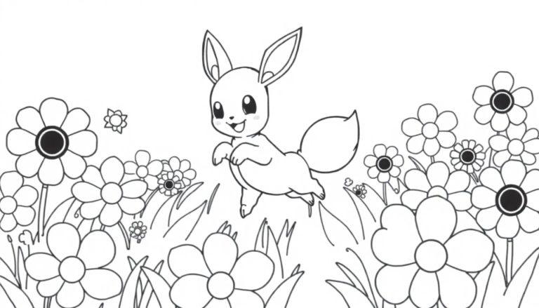 Cartoon-Fuchs mit großen Ohren springt über Blumen.
