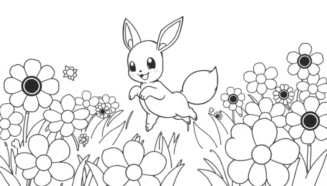 Cartoon-Fuchs mit großen Ohren springt über Blumen.