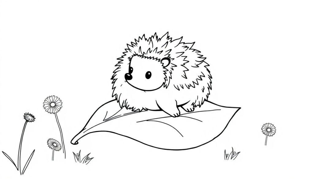 Schwarz-Weiß-Farbtafel eines niedlichen, karikaturhaften Igels mit großen Augen und einem Lächeln, der auf einem großen Blatt mit sichtbaren Adern sitzt, mit Blumen und Gräsern im Hintergrund.