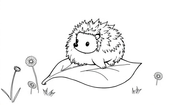 Schwarz-Weiß-Farbtafel eines niedlichen, karikaturhaften Igels mit großen Augen und einem Lächeln, der auf einem großen Blatt mit sichtbaren Adern sitzt, mit Blumen und Gräsern im Hintergrund.
