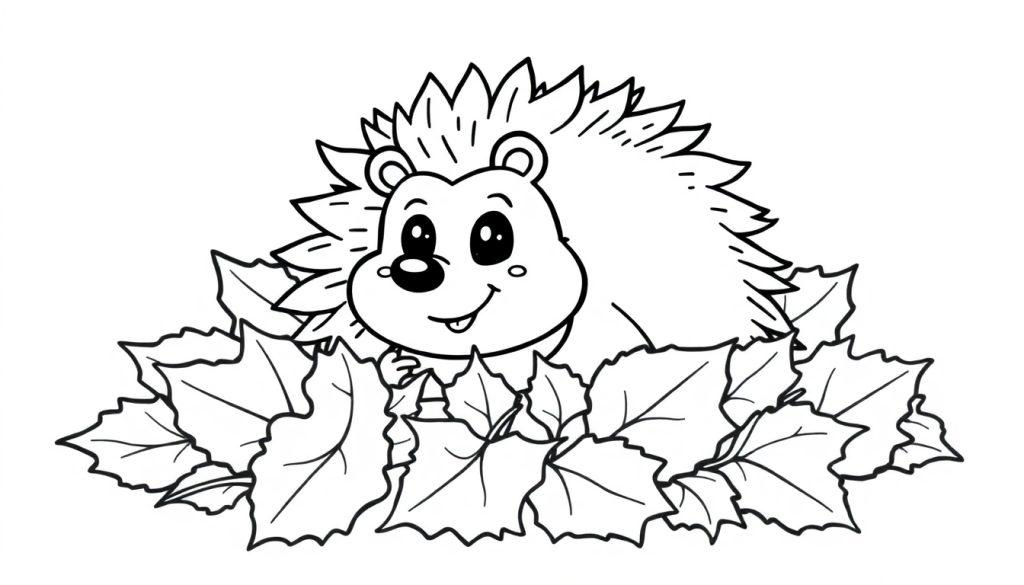 Ein niedlicher Igel im Schwarz-Weiß-Umrissstil versteckt sich hinter bunten Herbstblättern, bereit für eine Farbtafel.