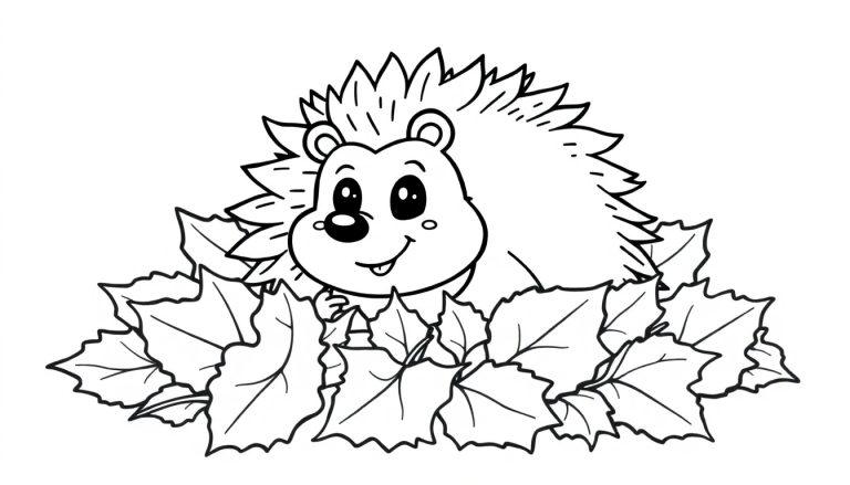 Ein niedlicher Igel im Schwarz-Weiß-Umrissstil versteckt sich hinter bunten Herbstblättern, bereit für eine Farbtafel.