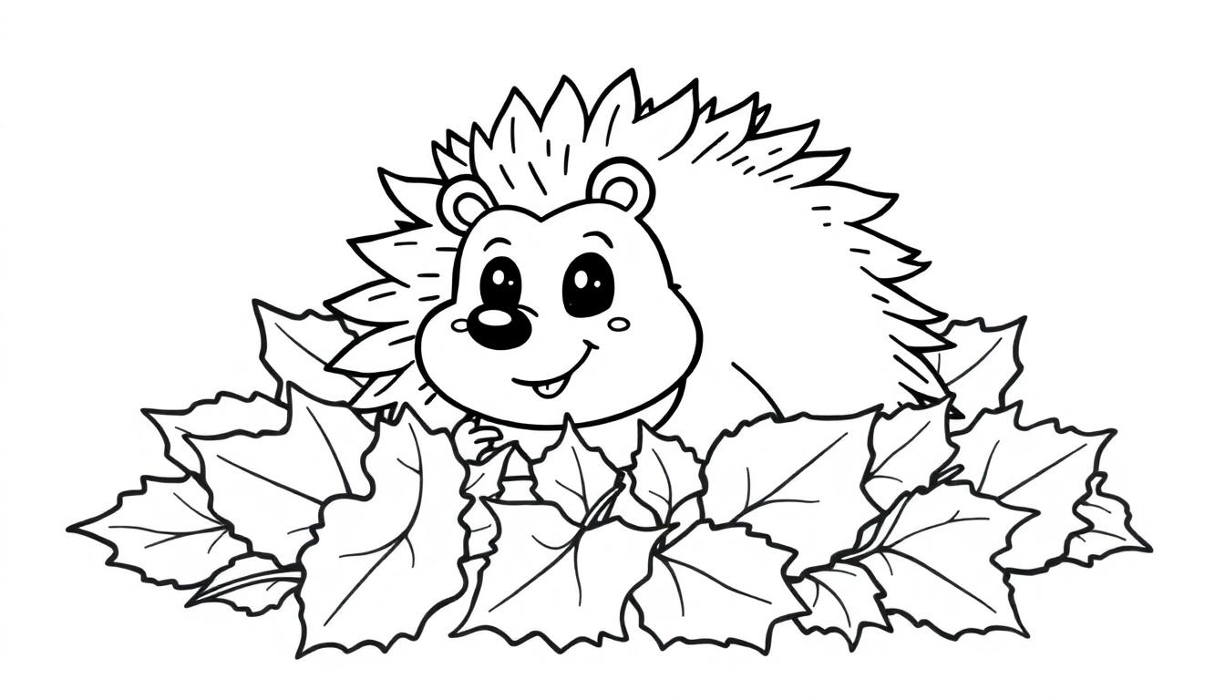 Ein niedlicher Igel im Schwarz-Weiß-Umrissstil versteckt sich hinter bunten Herbstblättern, bereit für eine Farbtafel.