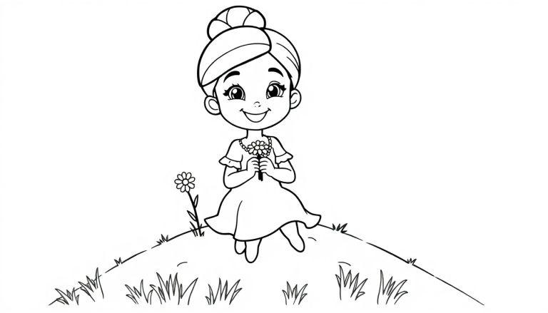 Ein süßes schwarz-weißes Ausmalbild eines kleinen Mädchens mit Hochsteckfrisur und Blumen, bereit für eine Farbtafel.