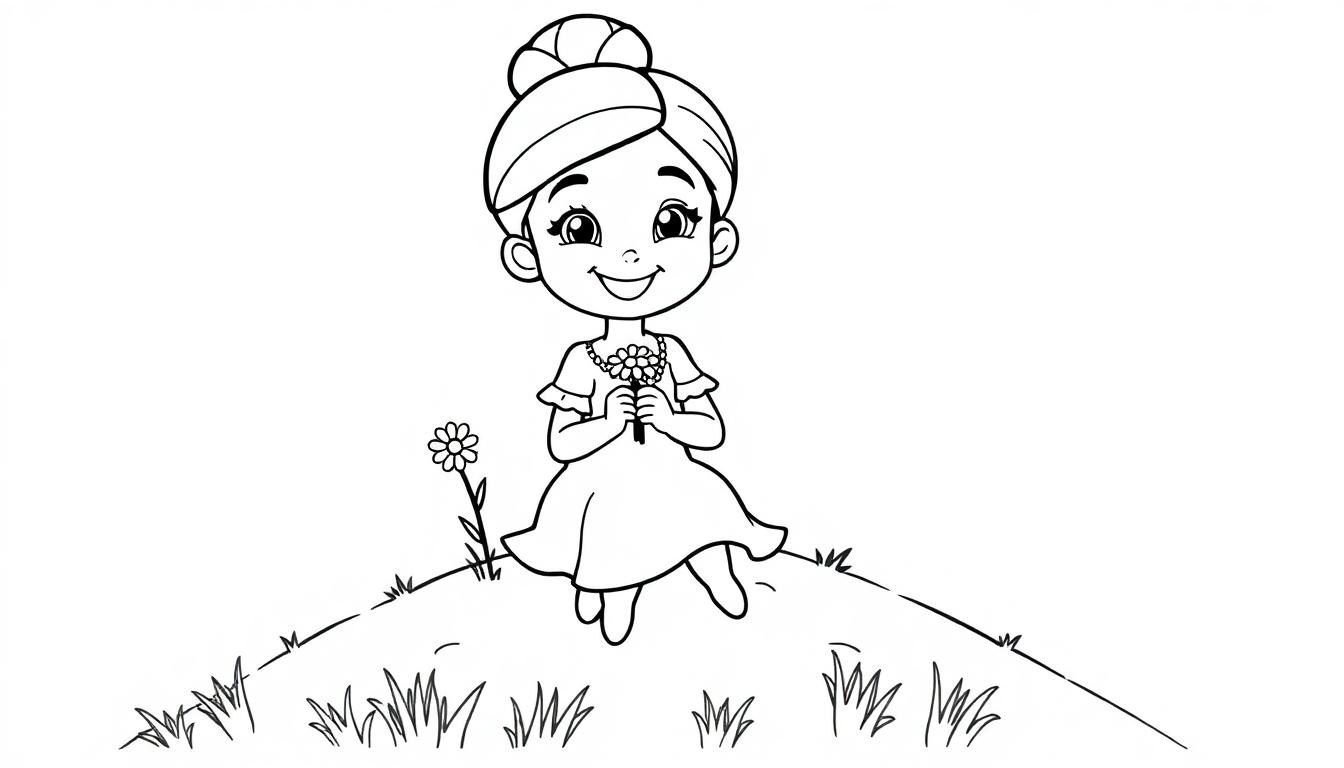 Ein süßes schwarz-weißes Ausmalbild eines kleinen Mädchens mit Hochsteckfrisur und Blumen, bereit für eine Farbtafel.