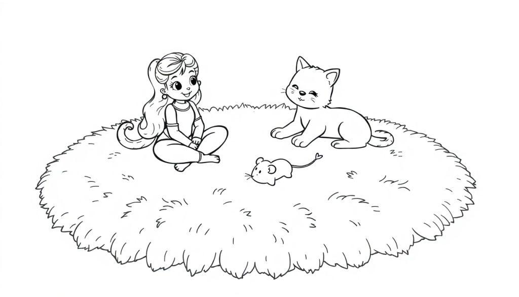 Schwarz-weiß Farbtafel eines Mädchens, einer Katze und einer Maus, die auf einem Teppich spielen.