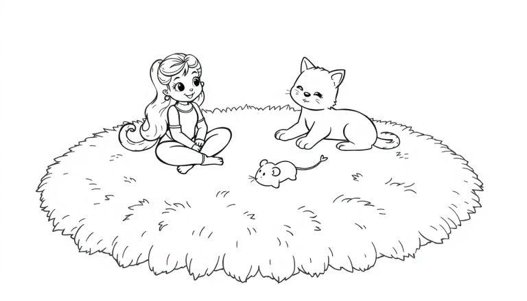 Schwarz-weiß Farbtafel eines Mädchens, einer Katze und einer Maus, die auf einem Teppich spielen.