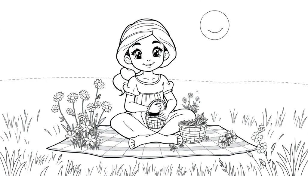 Eine junge Frau namens Jasmin sitzt auf einer karierten Decke im Gras und hält einen kleinen Korb. Neben ihr steht ein weiterer Korb voller Blumen. Im Hintergrund lächelt eine stilisierte Sonne. Um sie herum sind Blumen und Gräser, was auf eine friedliche Farbtafel-Szene hindeutet.