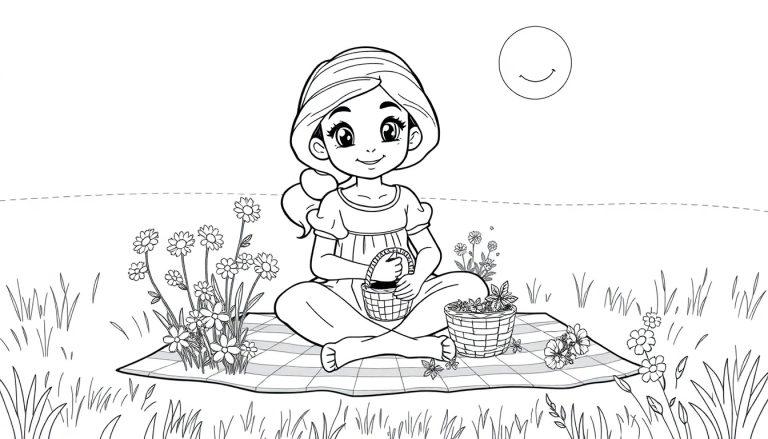 Eine junge Frau namens Jasmin sitzt auf einer karierten Decke im Gras und hält einen kleinen Korb. Neben ihr steht ein weiterer Korb voller Blumen. Im Hintergrund lächelt eine stilisierte Sonne. Um sie herum sind Blumen und Gräser, was auf eine friedliche Farbtafel-Szene hindeutet.