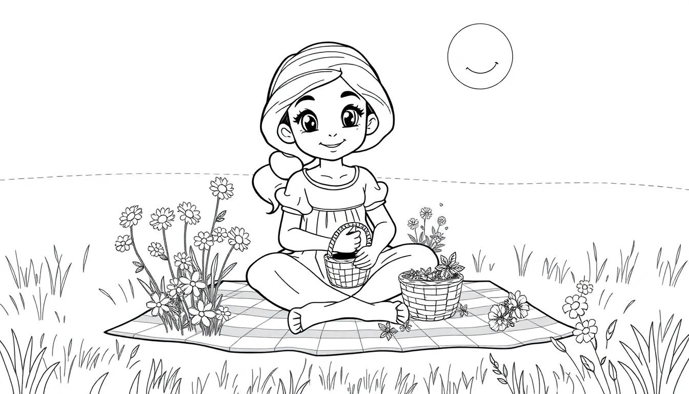 Eine junge Frau namens Jasmin sitzt auf einer karierten Decke im Gras und hält einen kleinen Korb. Neben ihr steht ein weiterer Korb voller Blumen. Im Hintergrund lächelt eine stilisierte Sonne. Um sie herum sind Blumen und Gräser, was auf eine friedliche Farbtafel-Szene hindeutet.
