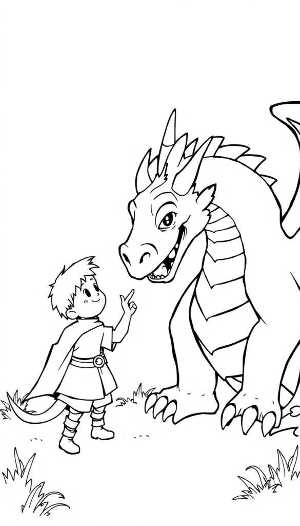 Ein Junge im kurzen Kleid und Umhang zeigt auf einen lächelnden Drachen mit langen Krallen.