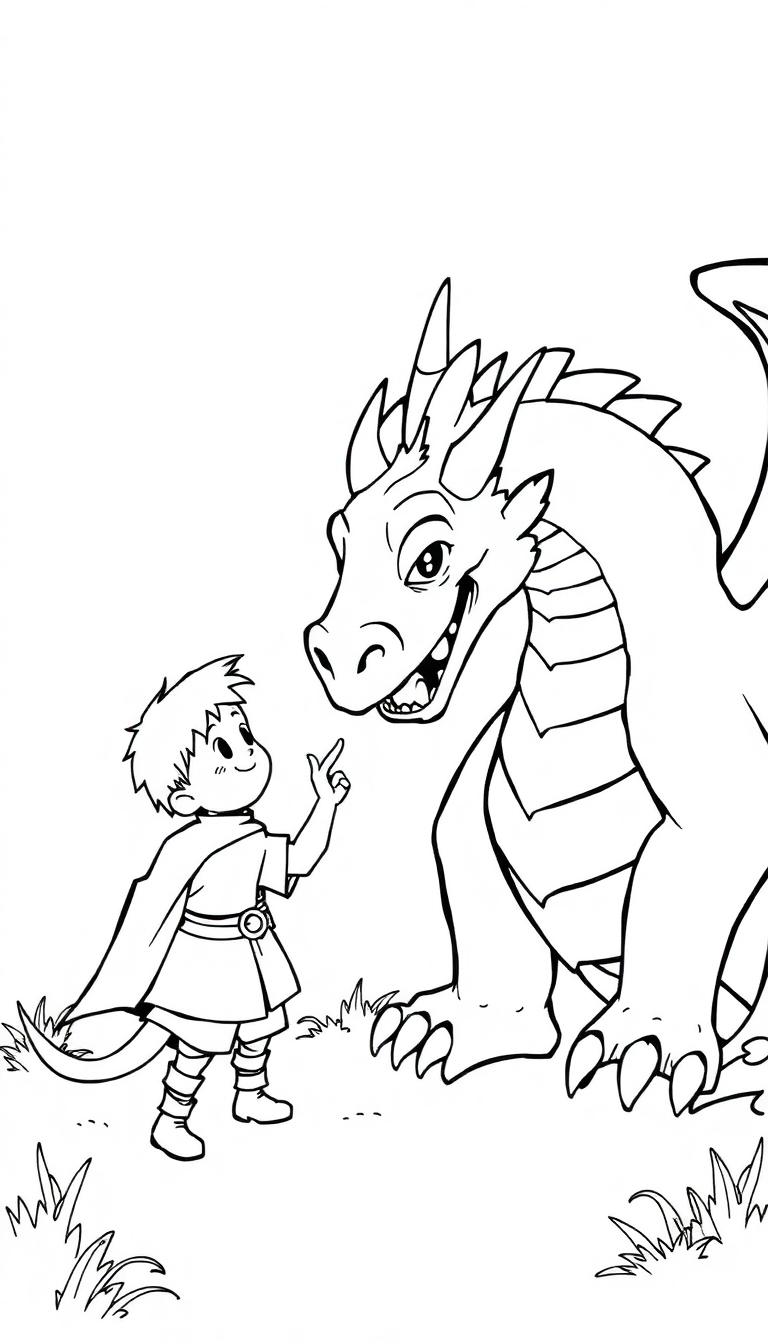 Ein Junge im kurzen Kleid und Umhang zeigt auf einen lächelnden Drachen mit langen Krallen.