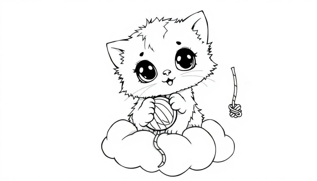 Niedliche Cartoon-Katze, die auf einer Wolke sitzt und mit einem Wollknäuel spielt, eine Schwarz-Weiß-Farbtafel.
