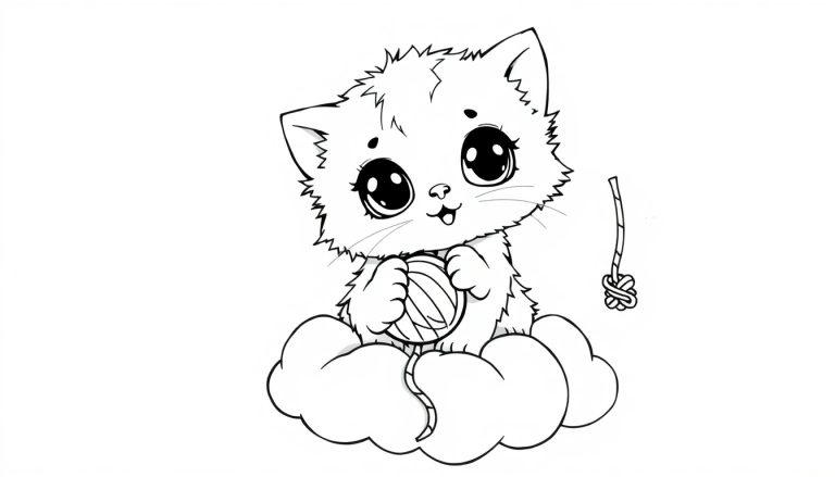 Niedliche Cartoon-Katze, die auf einer Wolke sitzt und mit einem Wollknäuel spielt, eine Schwarz-Weiß-Farbtafel.