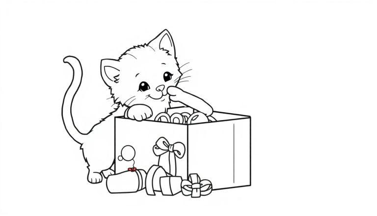 Eine schwarz-weiße Farbtafel einer niedlichen Katze, die in eine Kiste voller Geschenke schaut.