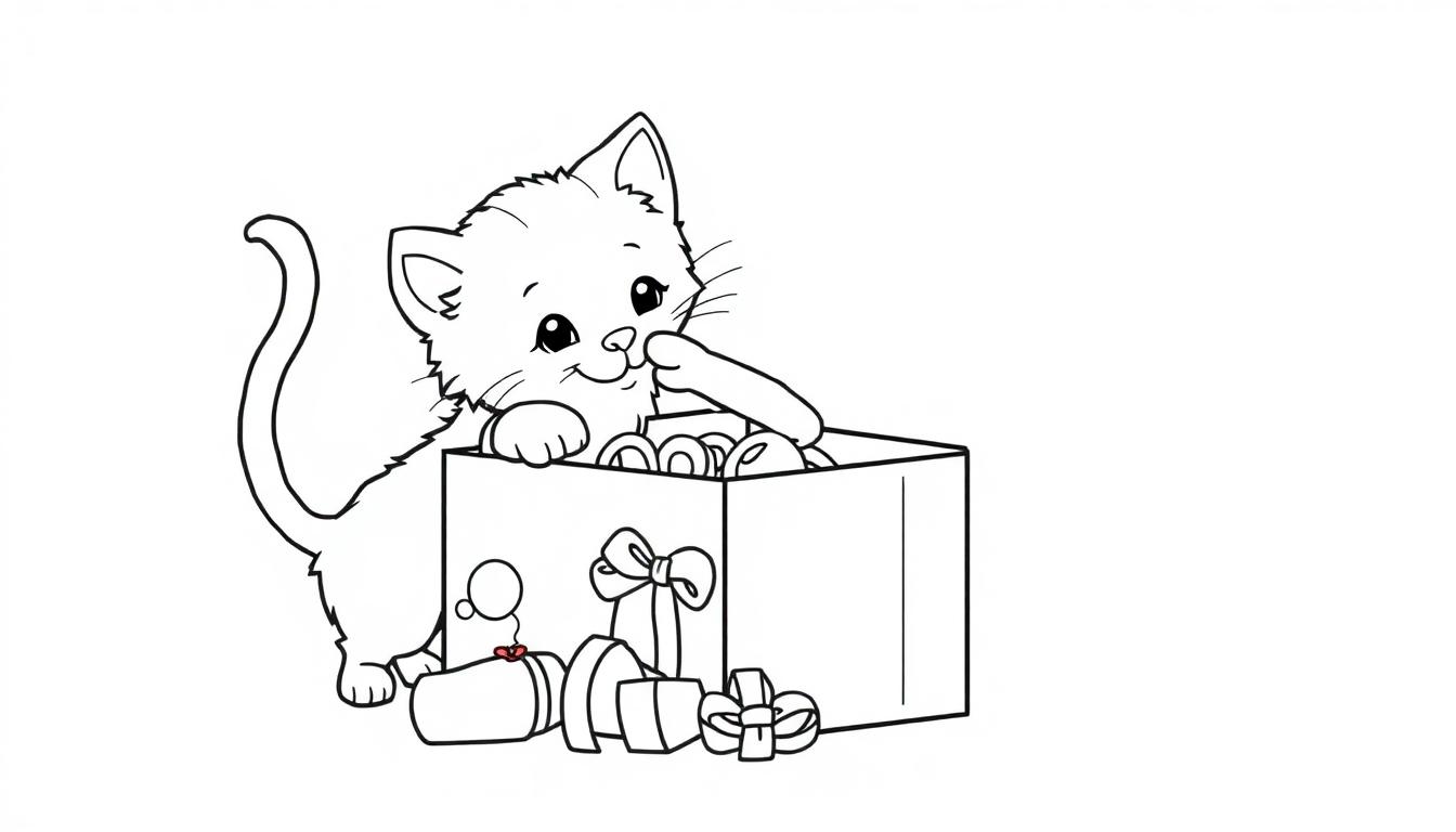 Eine schwarz-weiße Farbtafel einer niedlichen Katze, die in eine Kiste voller Geschenke schaut.
