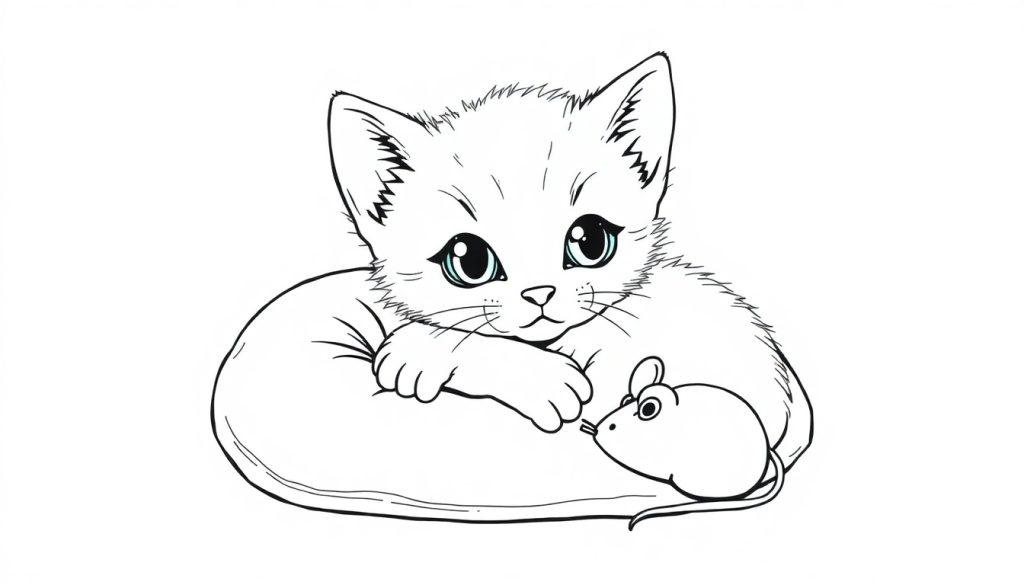 Eine niedliche schwarz-weiße Zeichnung einer Babykatze, die aufgerollt liegt und eine Maus ansieht.