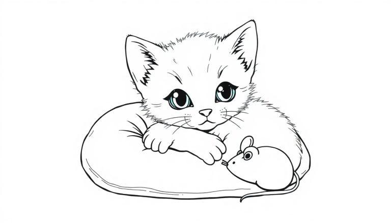 Eine niedliche schwarz-weiße Zeichnung einer Babykatze, die aufgerollt liegt und eine Maus ansieht.
