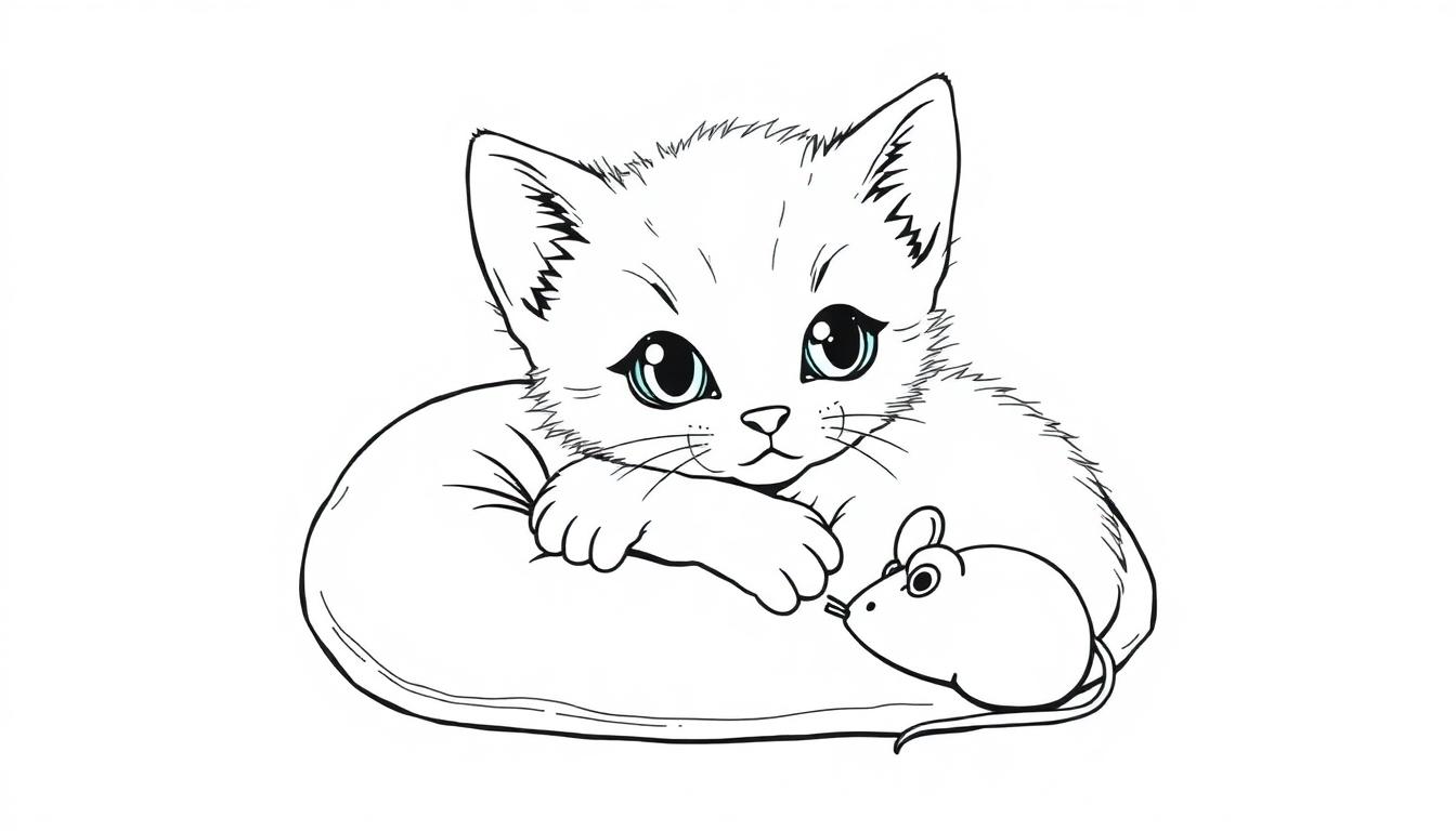 Eine niedliche schwarz-weiße Zeichnung einer Babykatze, die aufgerollt liegt und eine Maus ansieht.