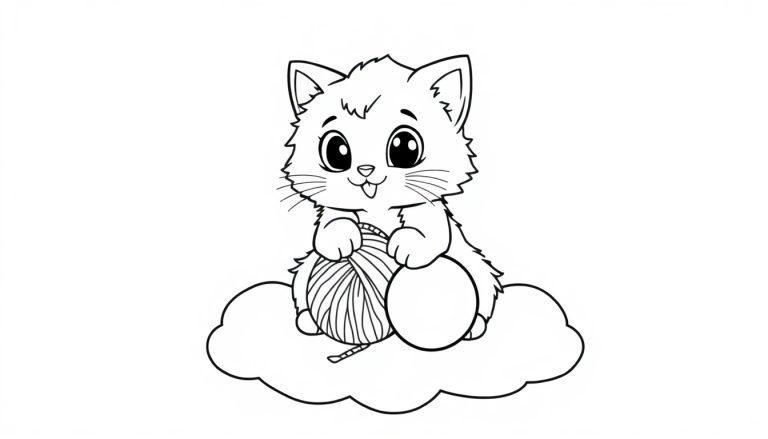 Eine süße schwarz-weiße Katze sitzt auf einer Wolke und spielt mit einem Garnball. Diese Farbtafel ist zum Ausmalen.