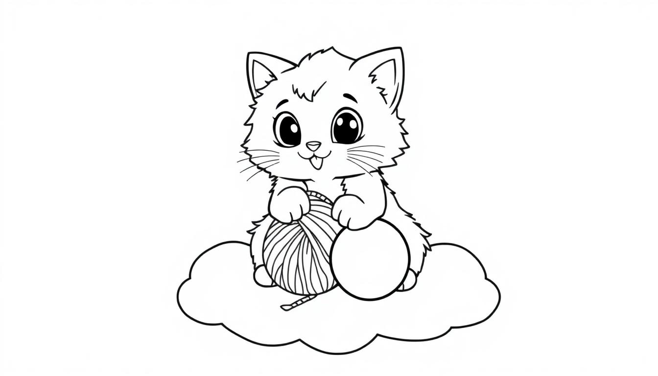 Eine süße schwarz-weiße Katze sitzt auf einer Wolke und spielt mit einem Garnball. Diese Farbtafel ist zum Ausmalen.
