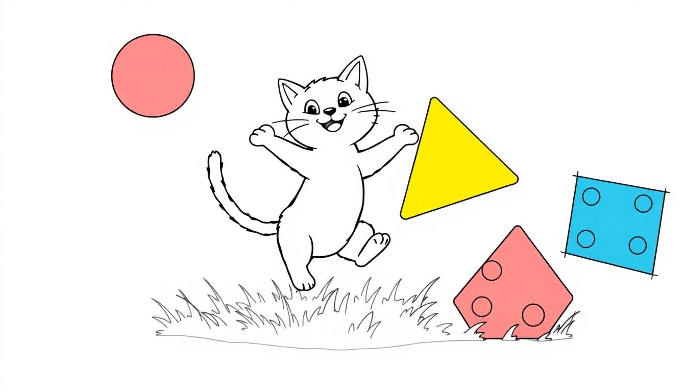 Eine freundliche Cartoon-Katze spielt mit bunten geometrischen Formen, Schwarz-weiß Farbtafel zum Ausmalen.