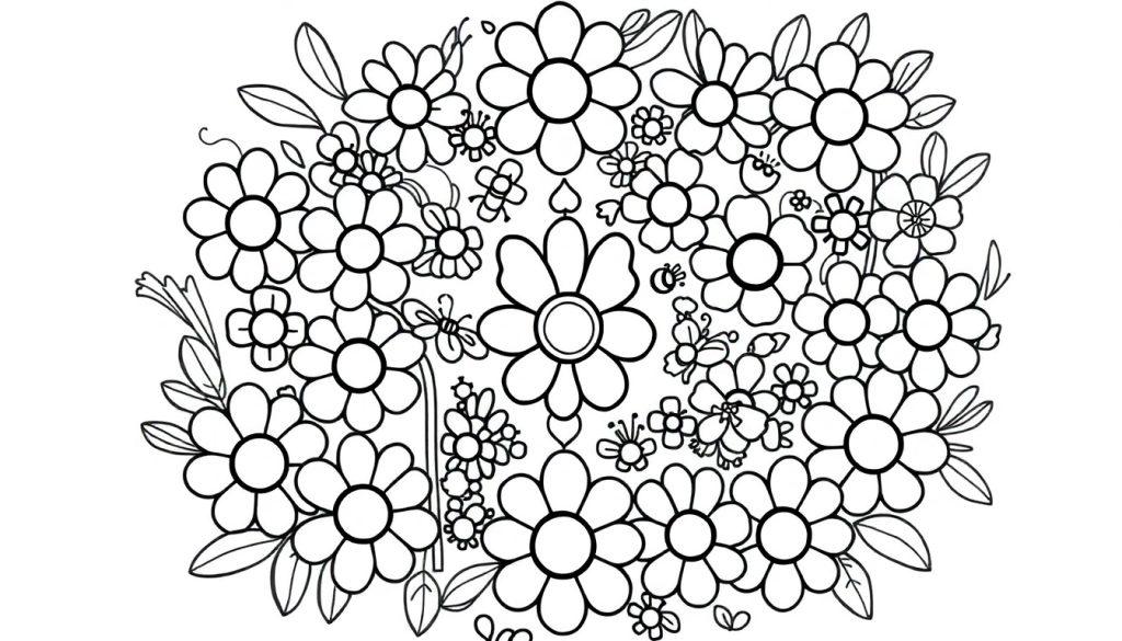 Schwarz-weiße Farbtafel einer Blumen-Mandala-Zeichnung mit Blumen, Blättern und Schmetterlingen für Kinder zum Ausmalen.