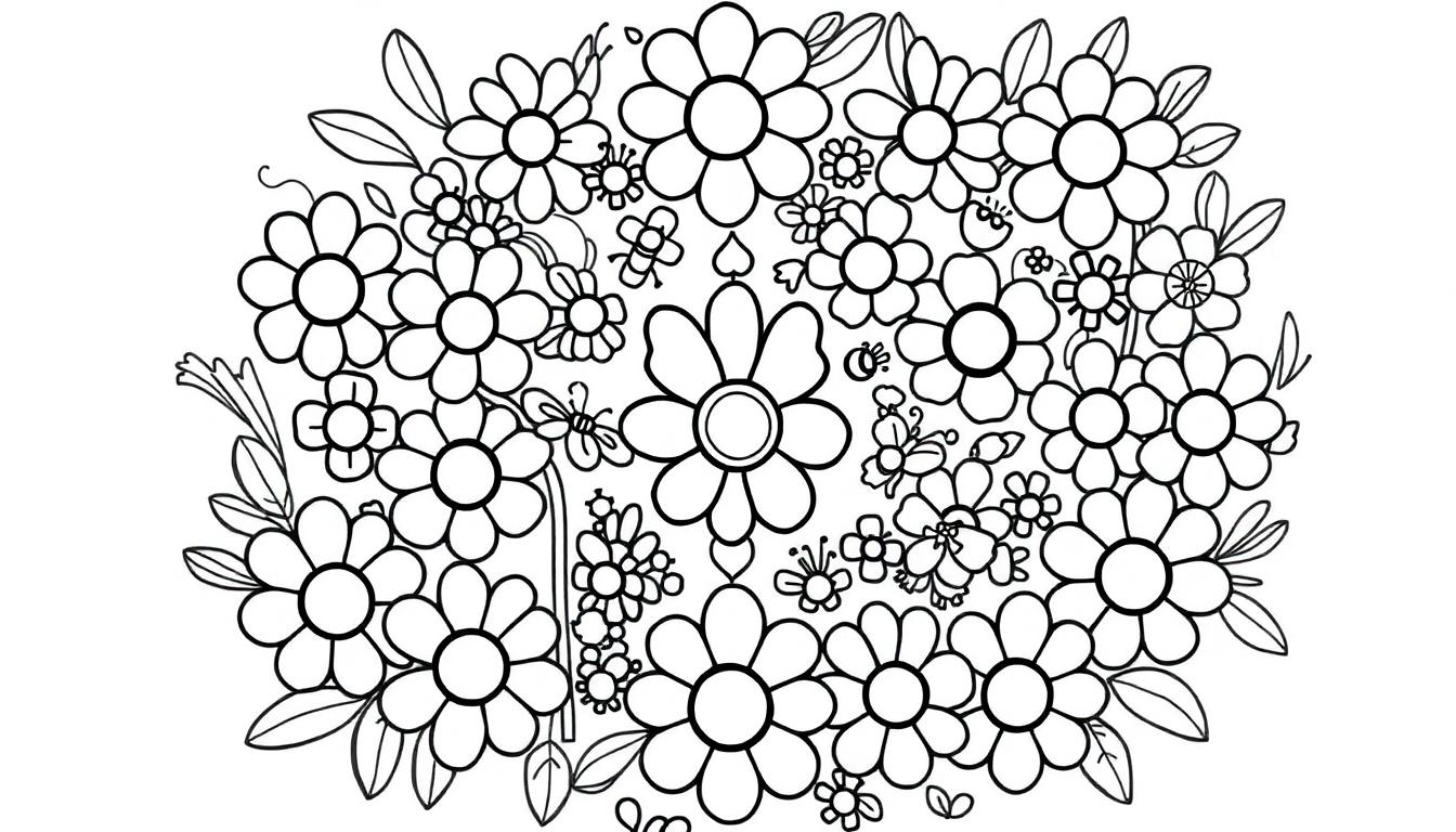 Schwarz-weiße Farbtafel einer Blumen-Mandala-Zeichnung mit Blumen, Blättern und Schmetterlingen für Kinder zum Ausmalen.
