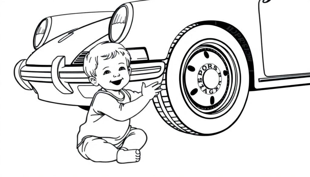 Schwarz-Weiß-Farbtafel eines lächelnden Kindes, das neben einem klassischen Auto sitzt.