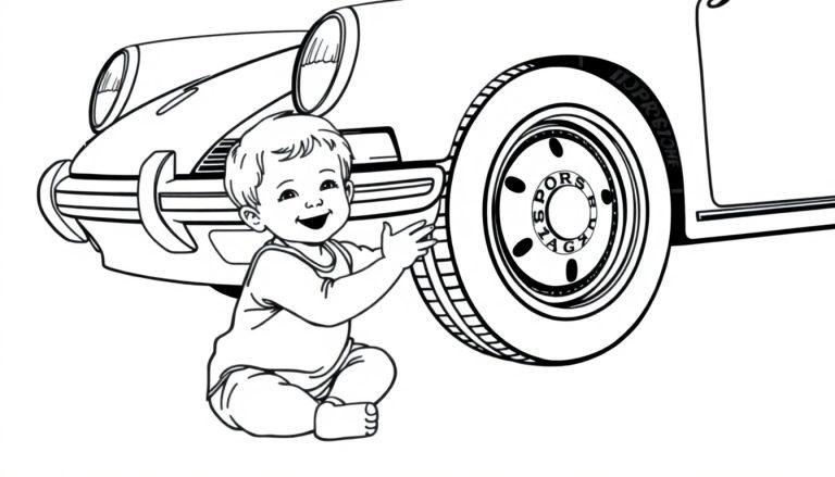 Schwarz-Weiß-Farbtafel eines lächelnden Kindes, das neben einem klassischen Auto sitzt.