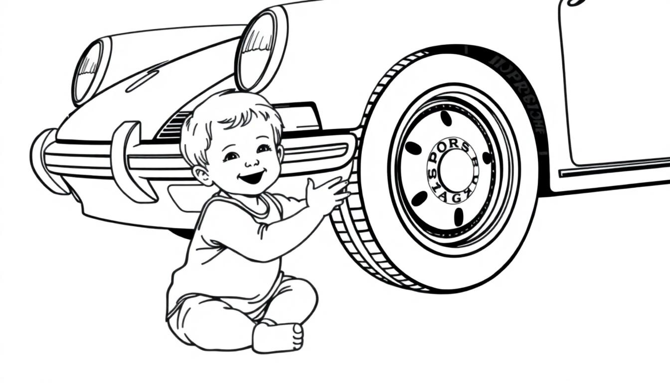 Schwarz-Weiß-Farbtafel eines lächelnden Kindes, das neben einem klassischen Auto sitzt.