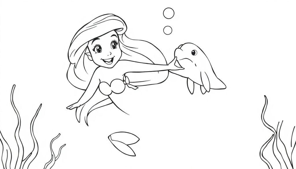 Ariel, die kleine Meerjungfrau, malt mit ihrem Delfinfreund unter Wasser eine Farbtafel.