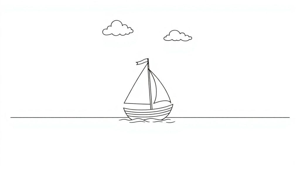 Eine schwarz-weiße Farbtafel einer einfachen Strichzeichnung einer Segelyacht mit einem Mast und einem Segel, die auf dem Wasser unter zwei stilisierten Wolken segelt.
