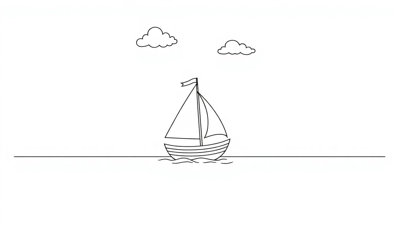 Eine schwarz-weiße Farbtafel einer einfachen Strichzeichnung einer Segelyacht mit einem Mast und einem Segel, die auf dem Wasser unter zwei stilisierten Wolken segelt.