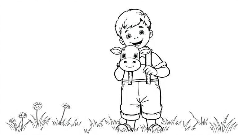 Schwarz-weiß Farbtafel-Illustration eines kleinen Jungen mit lockigem Haar, der ein Kuh-Stofftier im Gras umarmt.