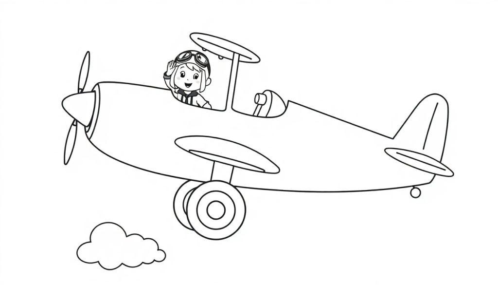 Ein Kind im Pilotenoutfit winkt fröhlich aus dem Cockpit eines schwarz-weißen Flugzeugs auf einer Farbtafel.