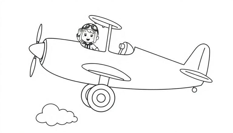 Ein Kind im Pilotenoutfit winkt fröhlich aus dem Cockpit eines schwarz-weißen Flugzeugs auf einer Farbtafel.