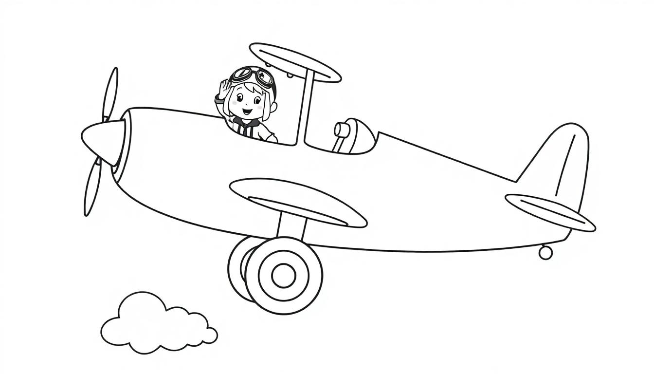 Ein Kind im Pilotenoutfit winkt fröhlich aus dem Cockpit eines schwarz-weißen Flugzeugs auf einer Farbtafel.