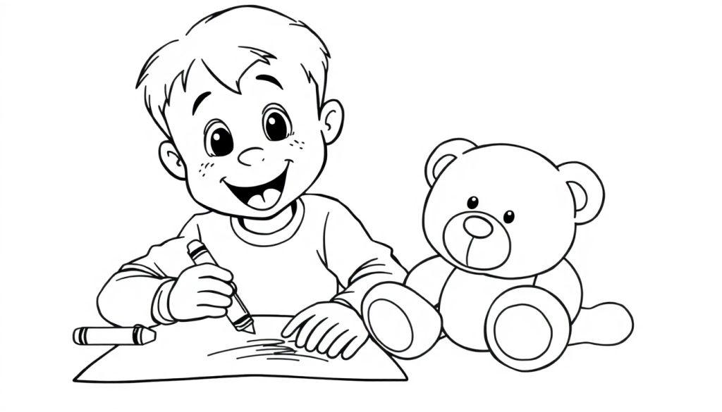 Eine Schwarz-Weiß-Farbtafel eines kleinen Jungen, der mit einem Wachsmalstift malt, mit seinem Teddybären neben sich.