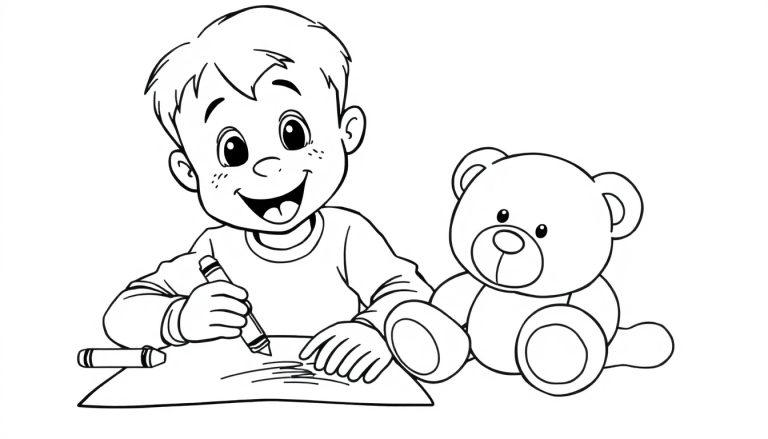 Eine Schwarz-Weiß-Farbtafel eines kleinen Jungen, der mit einem Wachsmalstift malt, mit seinem Teddybären neben sich.