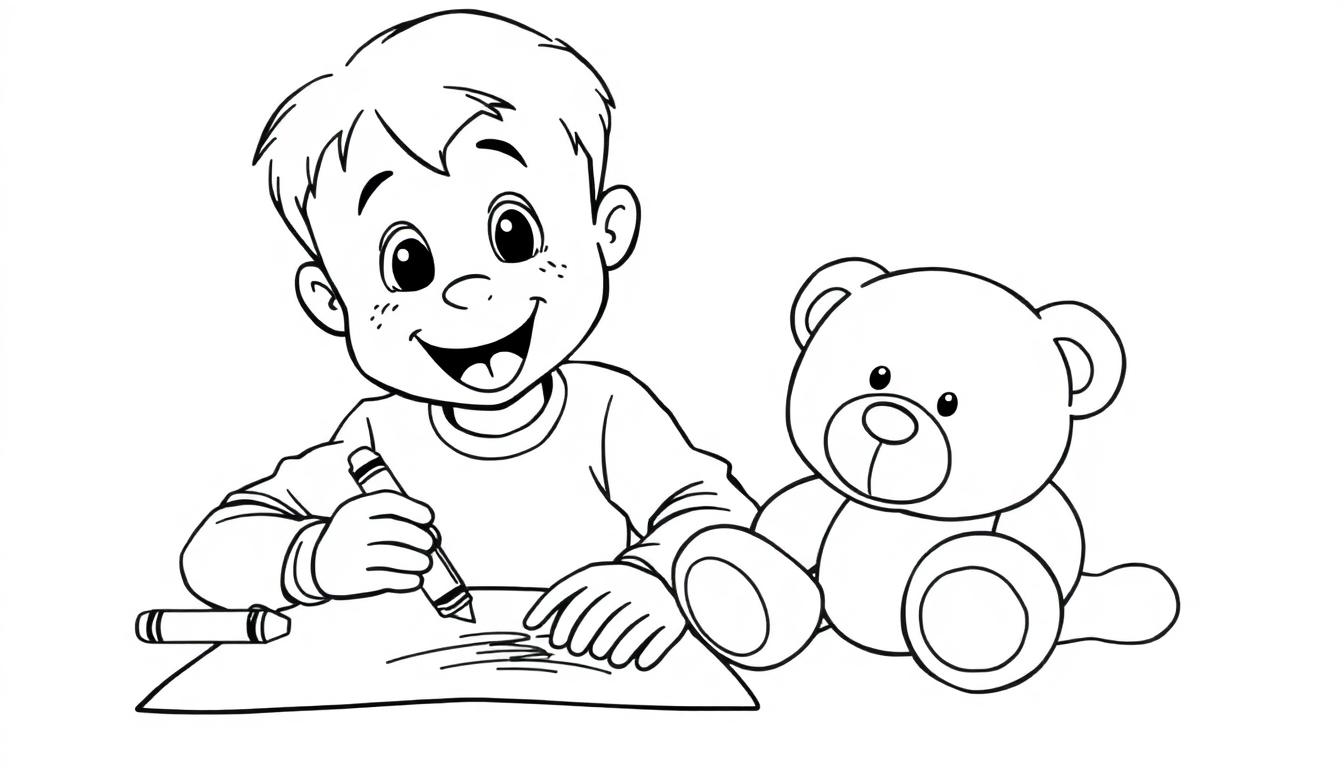 Eine Schwarz-Weiß-Farbtafel eines kleinen Jungen, der mit einem Wachsmalstift malt, mit seinem Teddybären neben sich.