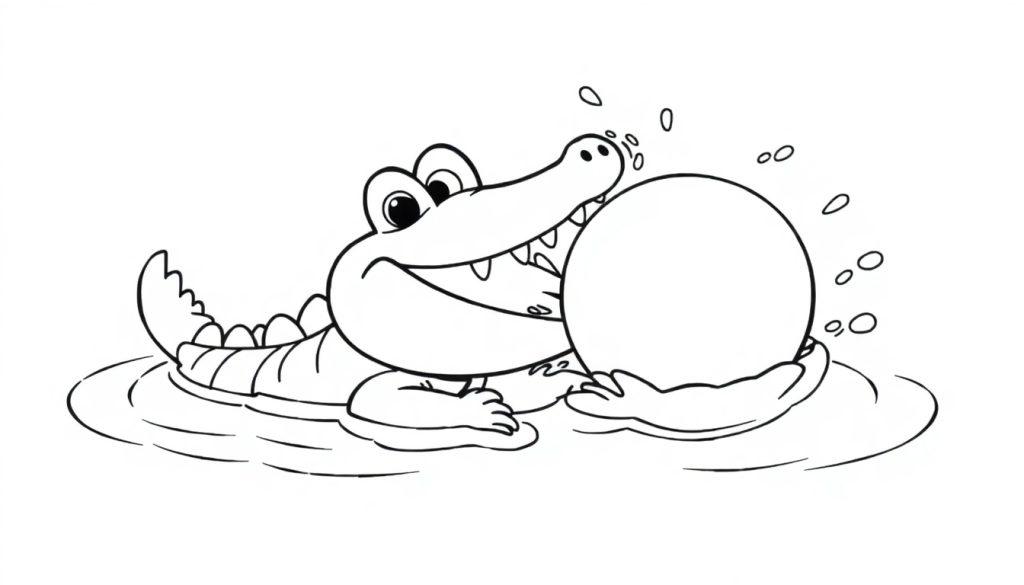 Schwarz-weiße Farbtafel eines lächelnden Cartoon-Krokodils, das einen Ball balanciert.