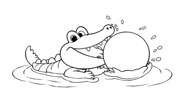 Schwarz-weiße Farbtafel eines lächelnden Cartoon-Krokodils, das einen Ball balanciert.