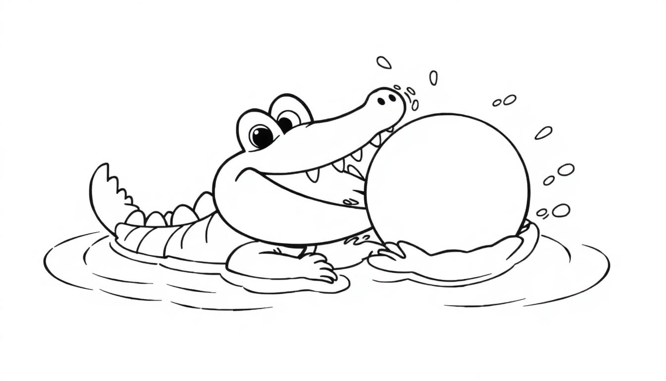 Schwarz-weiße Farbtafel eines lächelnden Cartoon-Krokodils, das einen Ball balanciert.