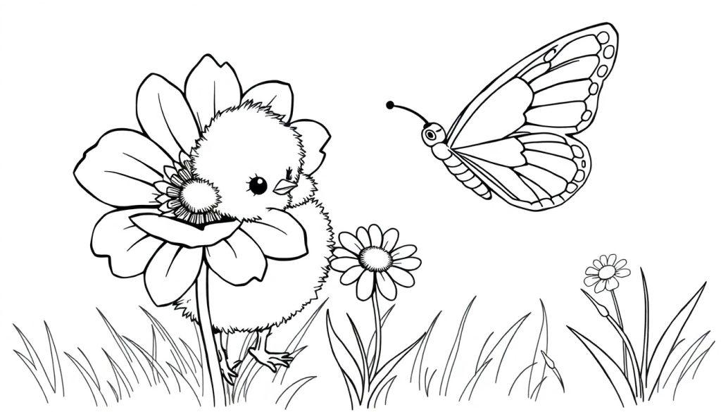 Schwarz-Weiß-Farbtafel eines niedlichen Kükens, das sich hinter einer großen Blume versteckt, während ein Schmetterling darüber schwebt.