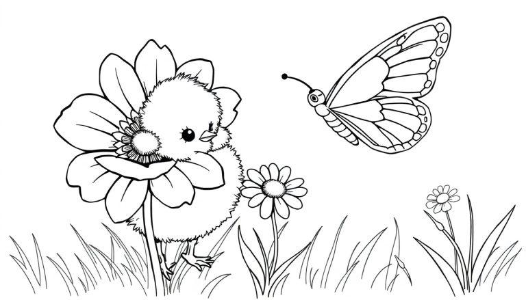 Schwarz-Weiß-Farbtafel eines niedlichen Kükens, das sich hinter einer großen Blume versteckt, während ein Schmetterling darüber schwebt.