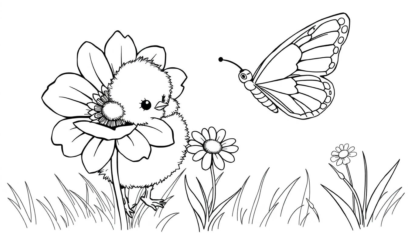 Schwarz-Weiß-Farbtafel eines niedlichen Kükens, das sich hinter einer großen Blume versteckt, während ein Schmetterling darüber schwebt.