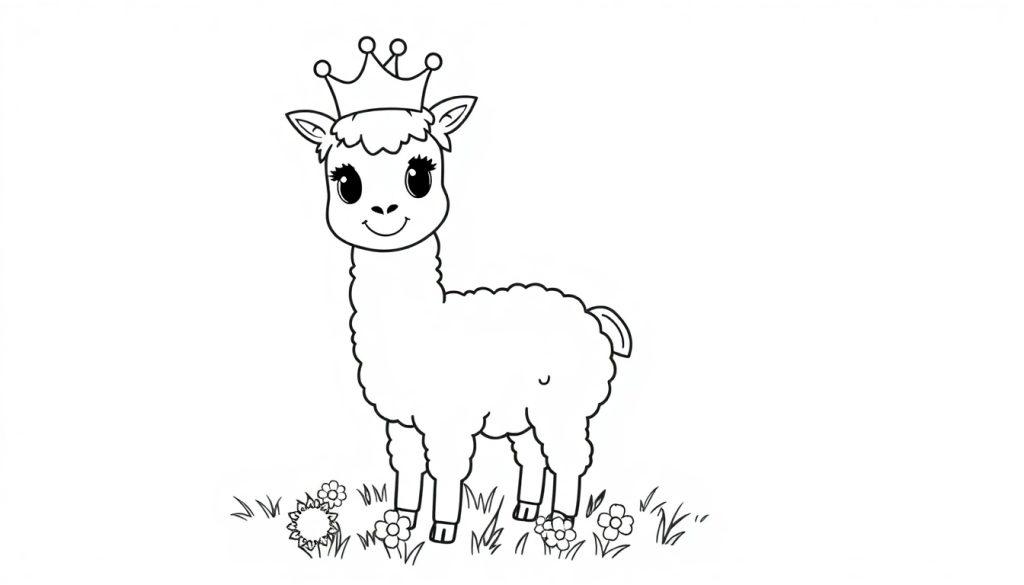 Schwarz-weisse Farbtafel-Zeichnung eines Lamas mit Krone in einer Blumenwiese.